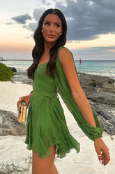 Wrapped V Neck Slit Long Sleeve Irregular Hem Plain Mini Dresses